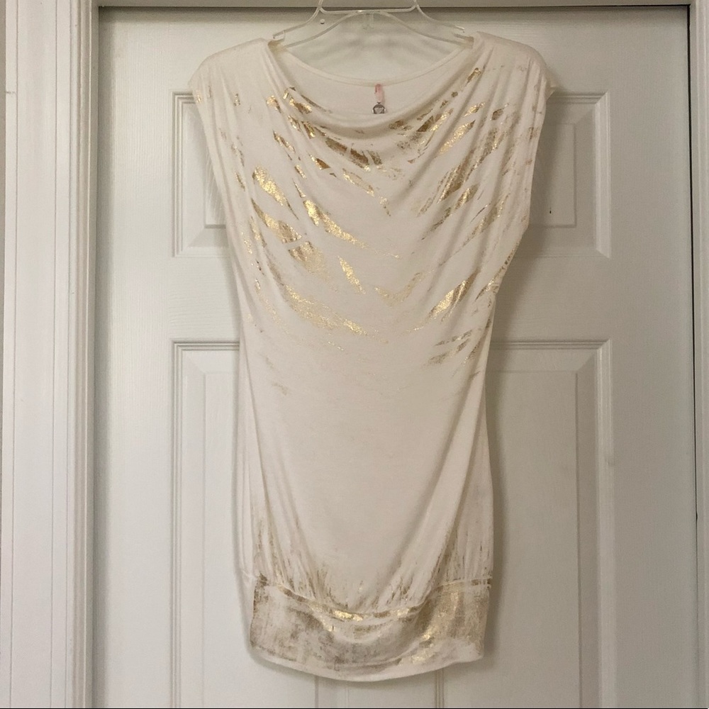 Robin K. Cream/Gold Foil Rayon Spandex Cowl Neck Tunic Top Blouse